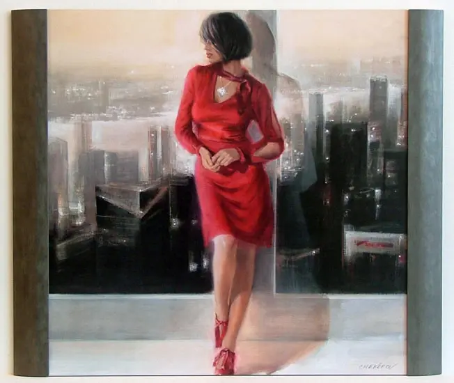 Obraz Dziewczyna w czerwonej sukience, stojąca w oknie 70x70 cm