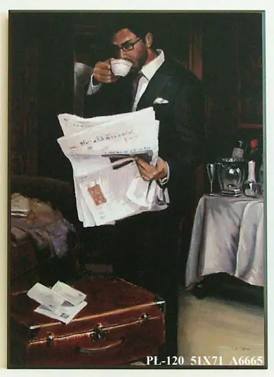 Obraz Elegancki mężczyzna z kawą i gazetą 51x71 cm