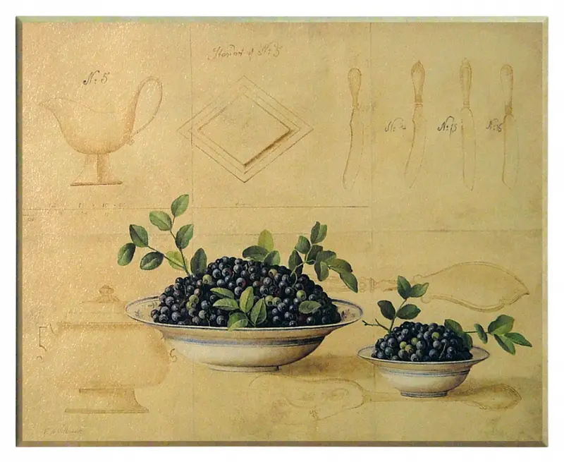Obraz Jagody w miskach na tle szkiców naczyń na płycie 51x41 cm