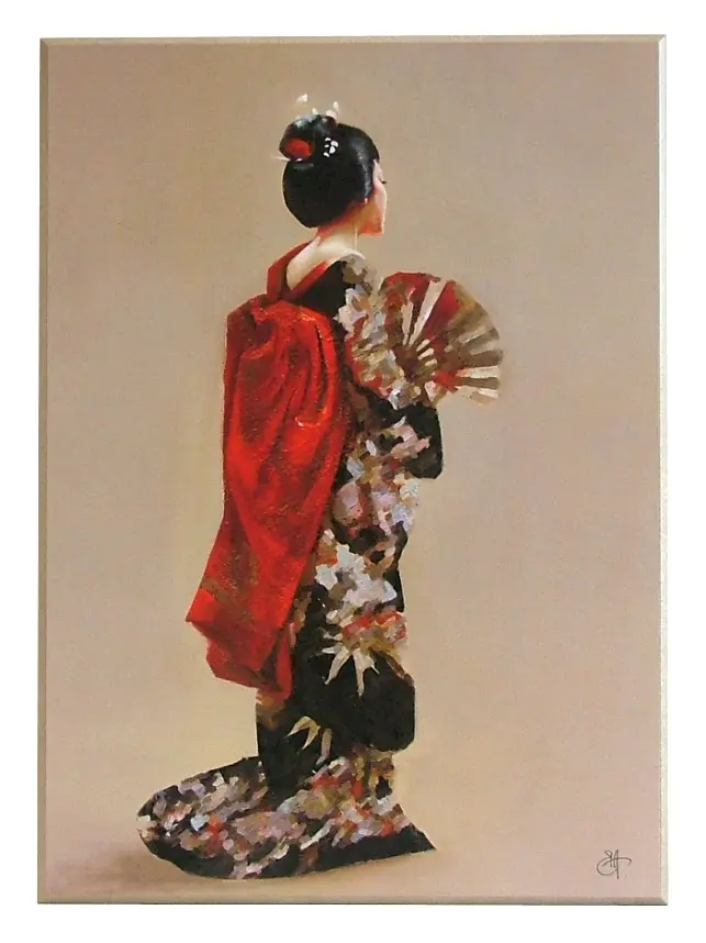 Obraz Japonka w tradycyjnym stroju z wachlarzem na płycie 51x71 cm