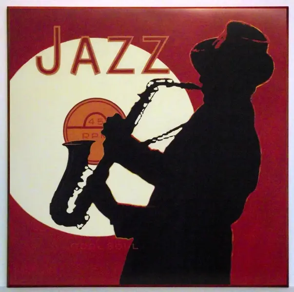 Obraz Jazz, saksofonista w czerwonym wydaniu 71x71 cm