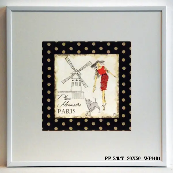 Obraz Kobieta w czerwonej sukience z pieskiem w Paryżu 50x50 cm