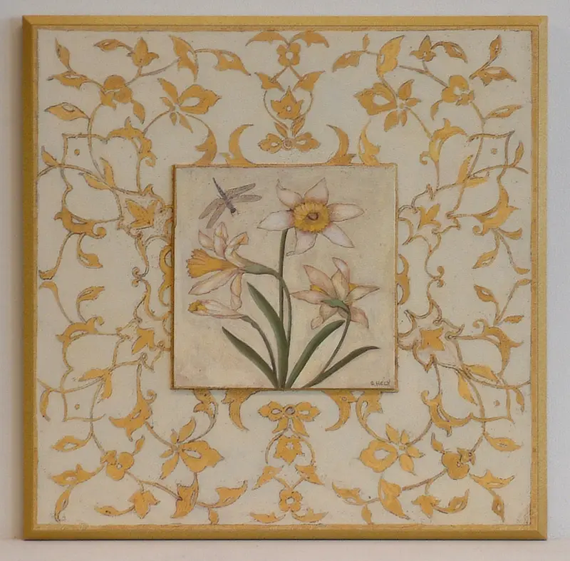 Obraz Kolorowe kwiaty na tle żółtych ornamentów 39x39 cm