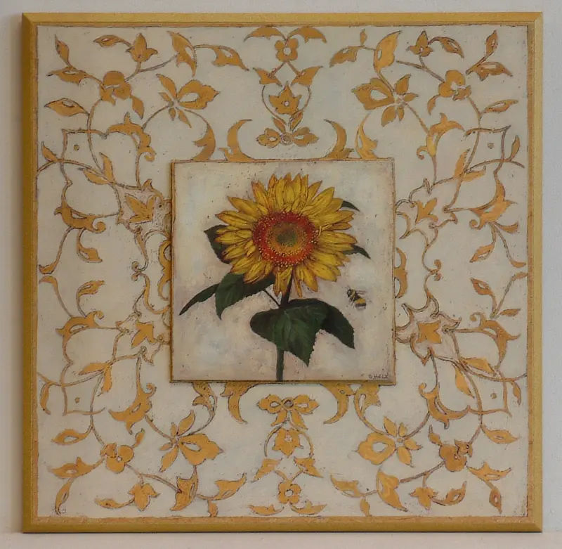 Obraz Kolorowe kwiaty na tle żółtych ornamentów 39x39 cm
