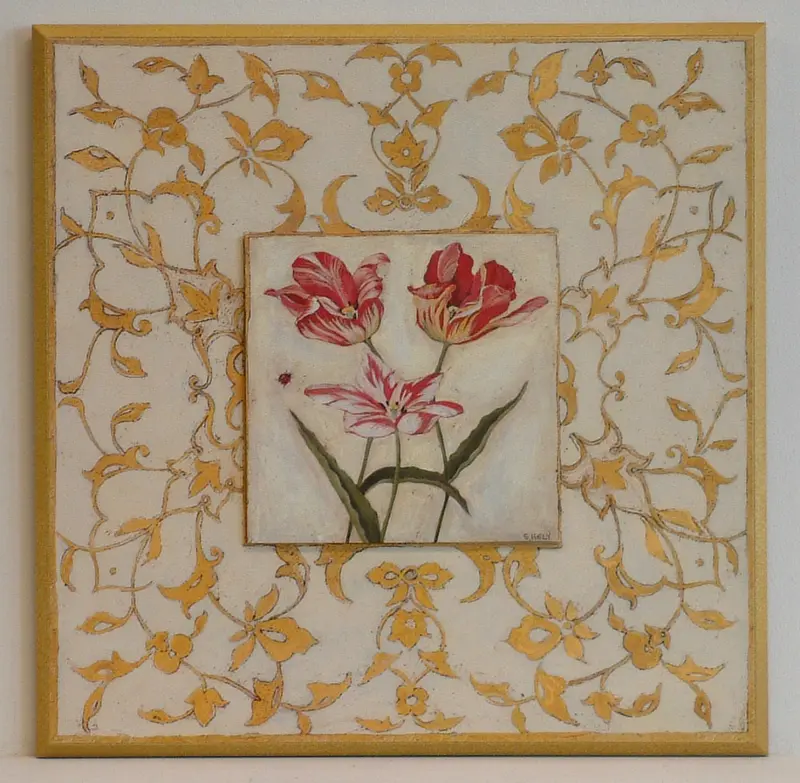 Obraz Kolorowe kwiaty na tle żółtych ornamentów 39x39 cm