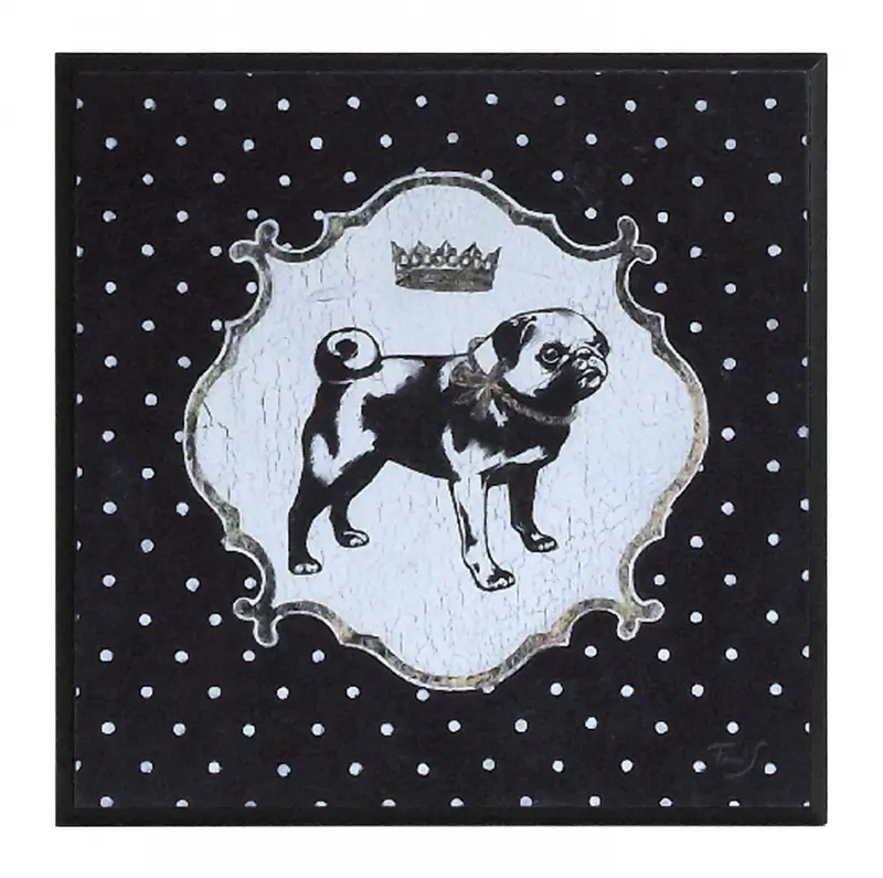 Obraz Królewskie psy, mops na tle groszków na płycie 31x31 cm