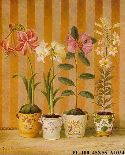 Obraz Kwiaty ogrodowe w donicach na pasiastej tapecie 45x55 cm
