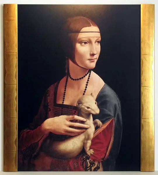 Obraz Leonardo Da Vinci, 'Dama z łasiczką' w złotej półramie 59x79 cm
