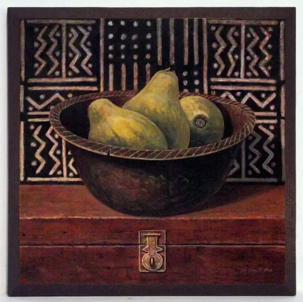 Obraz Miska z owocami, gruszki na płycie 19x19 cm