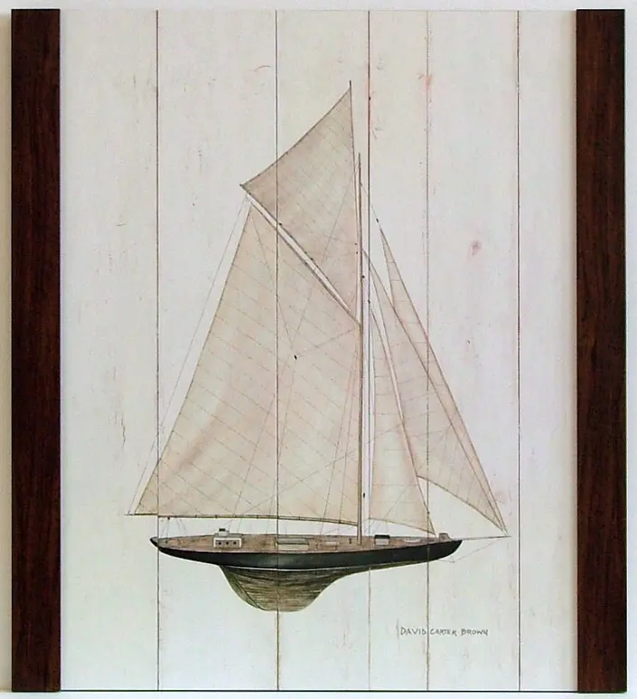 Obraz Model żaglowca na białych deskach 55x70 cm