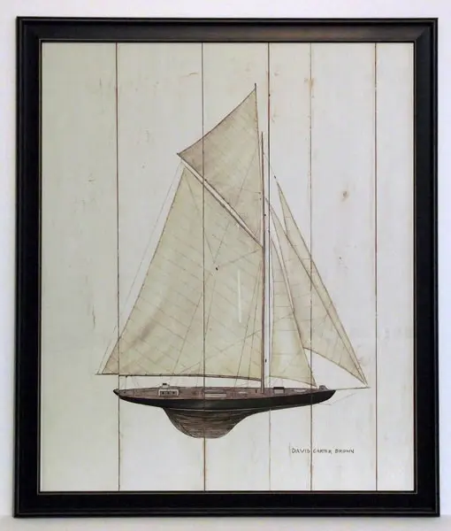 Obraz Model żaglowca na białych deskach 56x71 cm