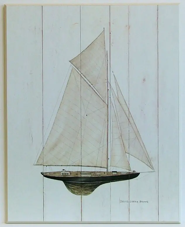 Obraz Model żaglowca na białych deskach 57x72 cm