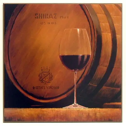 Obraz Monte Royale, kieliszek czerwonego wina na tle beczki 71x71 cm