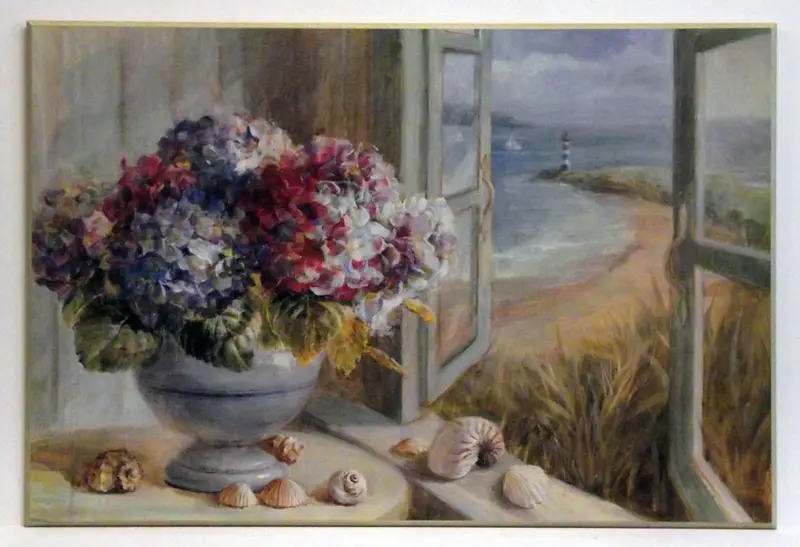 Obraz Nadmorski pejzaż z okna, z hortensjami 92x62 cm