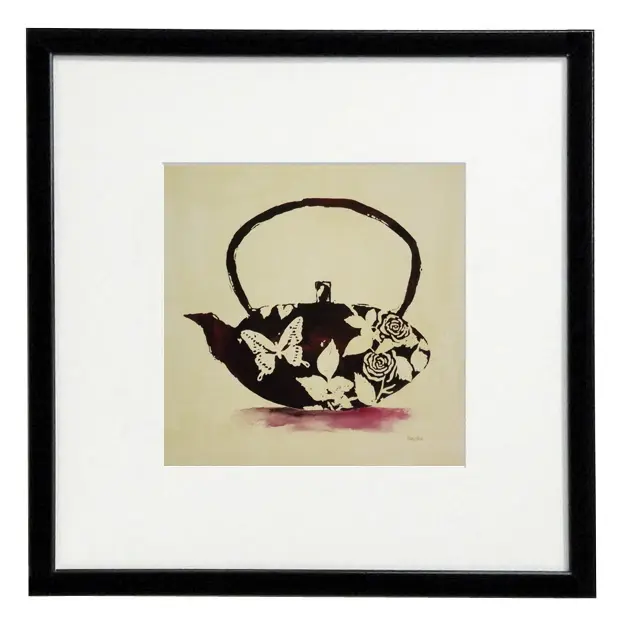 Obraz Orientalne kwiaty, czajnik w ramie z passe-partout 30x30 cm