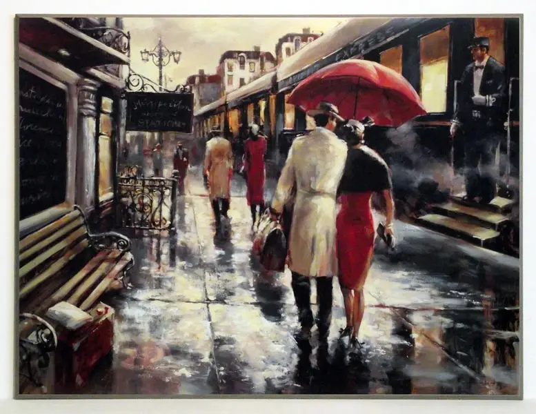 Obraz Para pod czerwonym parasolem na dworcu 81x61 cm