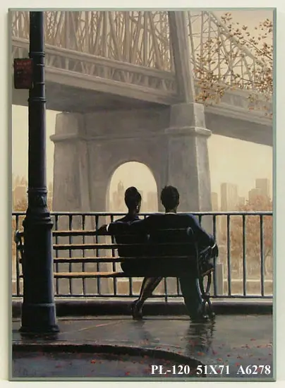 Obraz Para w miejskiej scenerii, para na ławce przy moście 51x71 cm