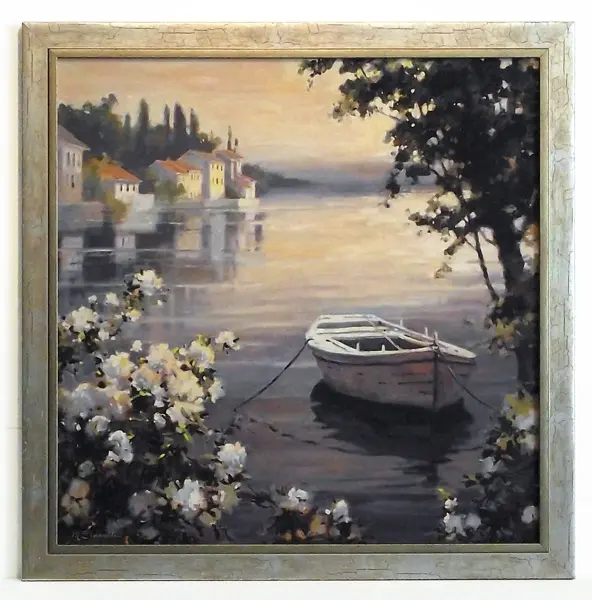 Obraz Pejzaż z łódką na jeziorze 50x50 cm