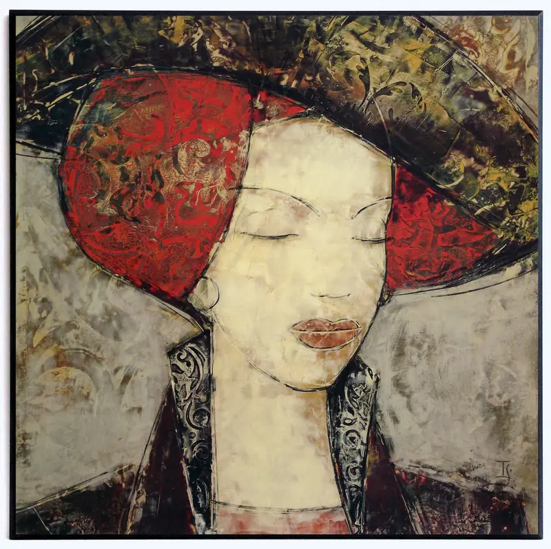 Obraz Portret kobiety w kapeluszu na płycie 51x51 cm