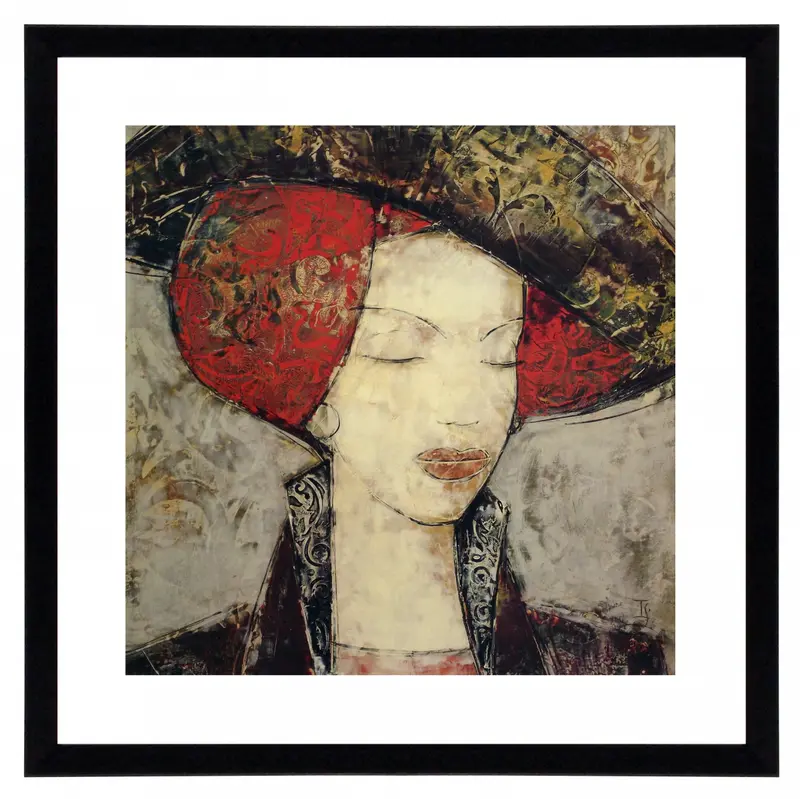 Obraz Portret kobiety w kapeluszu w ramie z passe-partout 60x60 cm