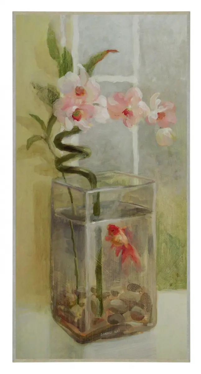 Obraz Rybka ze storczykiem w wazonie na płycie 27x52 cm