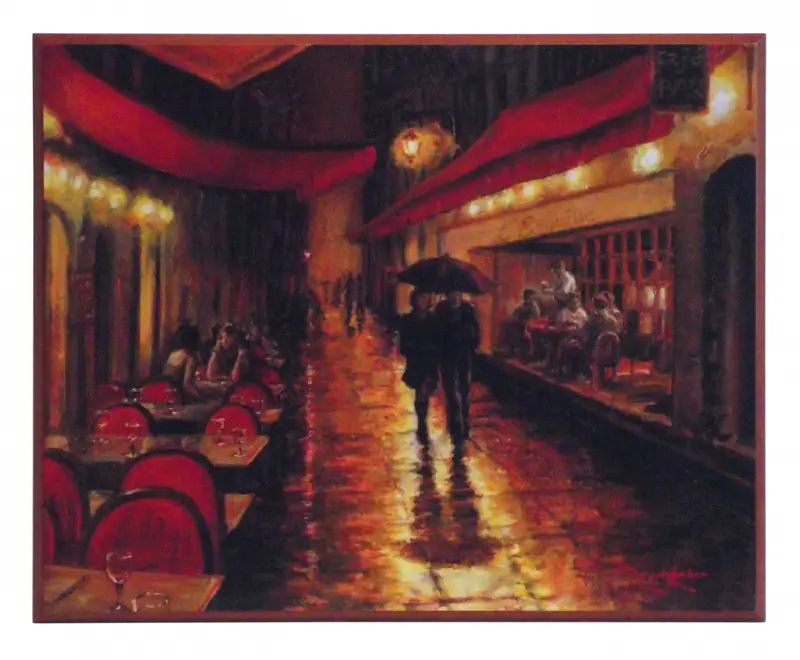 Obraz Spacer wzdłuż uliczki z kawiarniami na płycie 51x41 cm