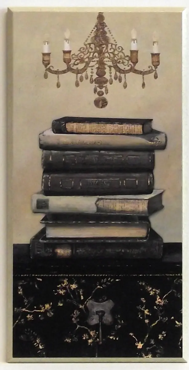 Obraz Stare książki na zdobionej komodzie I na płycie 25x51 cm