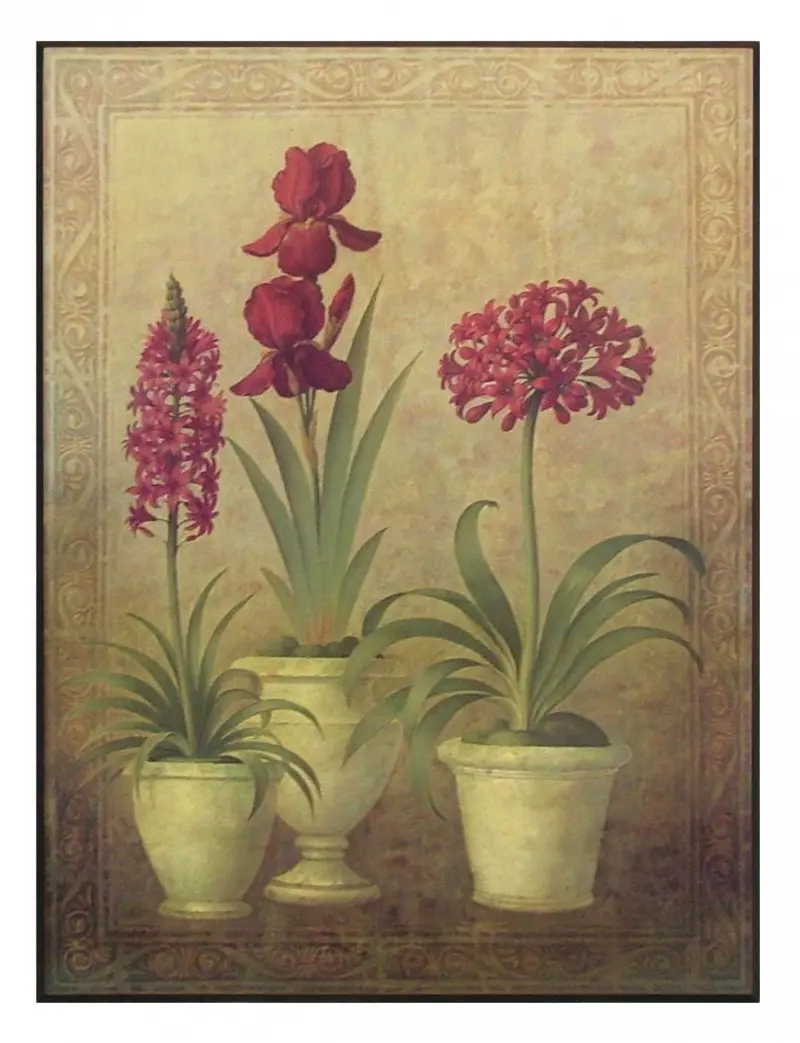 Obraz Trzy kwiaty w donicach na płycie 61x81 cm