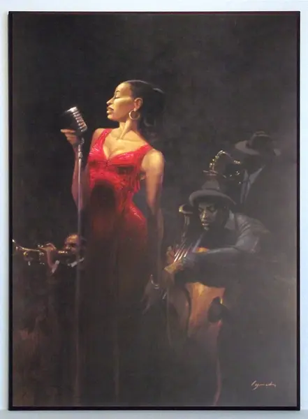 Obraz W klubie, wokalistka w czerwonej sukience 51x71 cm