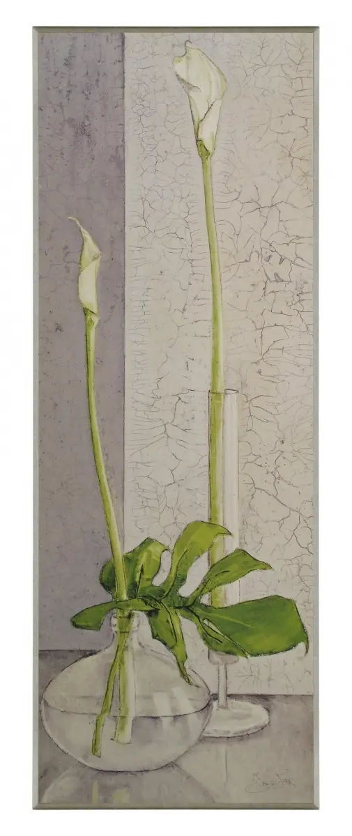 Obraz Zielone łodygi kalli w wazonach na płycie 26x71 cm