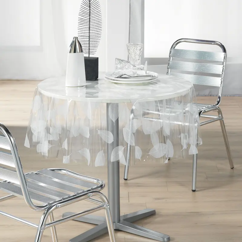 Obrus okrągły transparentny FEUILLE WHITE, Ø 140 cm, motyw liści