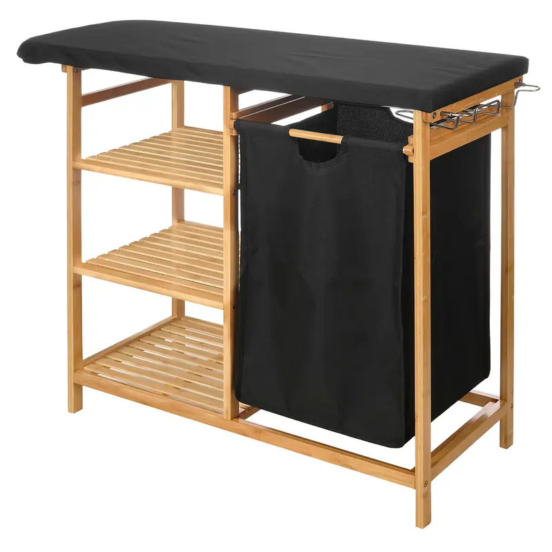 OUTLET Bambusowa szafka z deską do prasowania i koszem na pranie BAMY, 111 x 34 x 82 cm