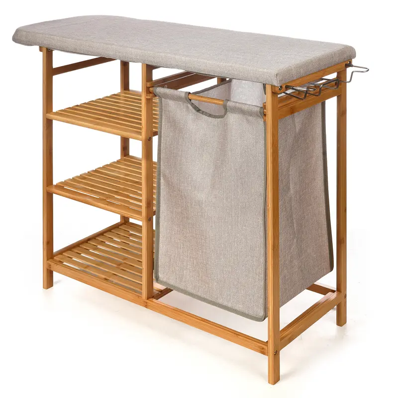 OUTLET Bambusowa szafka z deską do prasowania i koszem na pranie BAMY, 111 x 34 x 82 cm