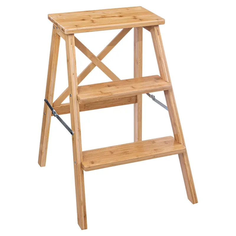 OUTLET Drabina składana, niska, bambusowa, 3 stopnie, 63,5 cm