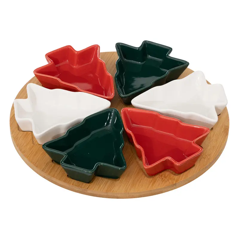 OUTLET Komplet 6 miseczek w kształcie choinki, na bambusowej tacy, Ø 27 cm