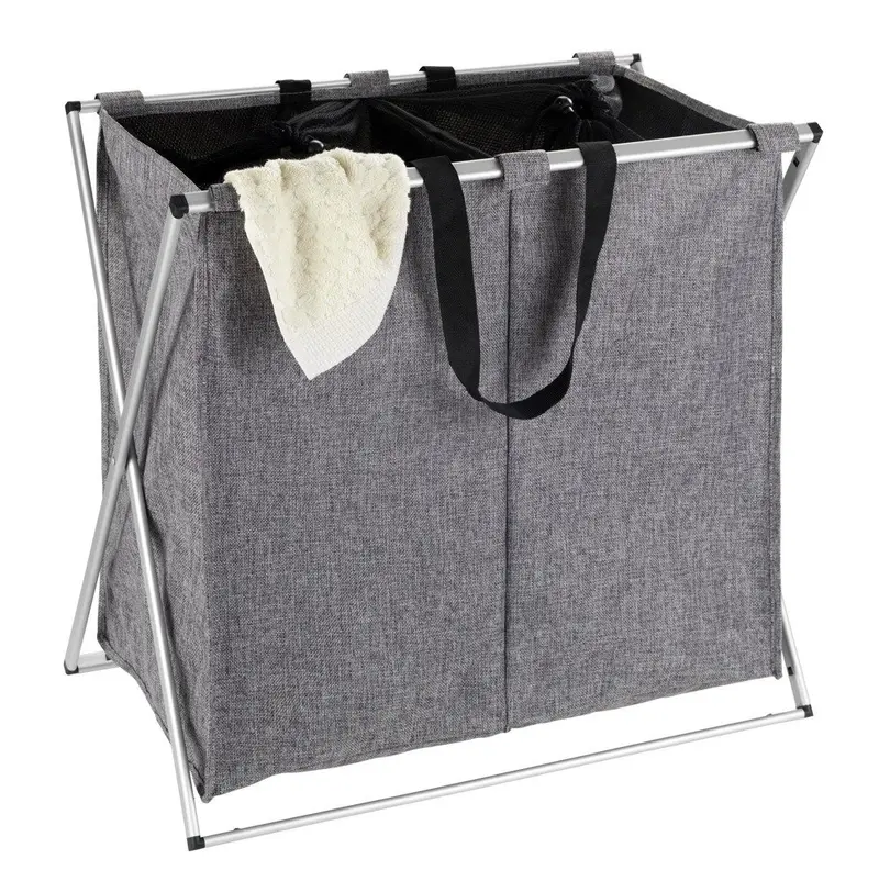 OUTLET Kosz materiałowy na pranie DUO z 2 przegrodami, składany pojemnik z aluminiowym stelażem - 2 x 60 l, 57 x 59 x 38 cm, WENKO