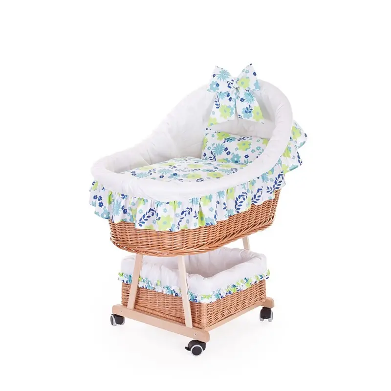 Papilio wicker baby bassinet with white trim, canopy, duvet and pillow, on wheels with brake TheWickerStories