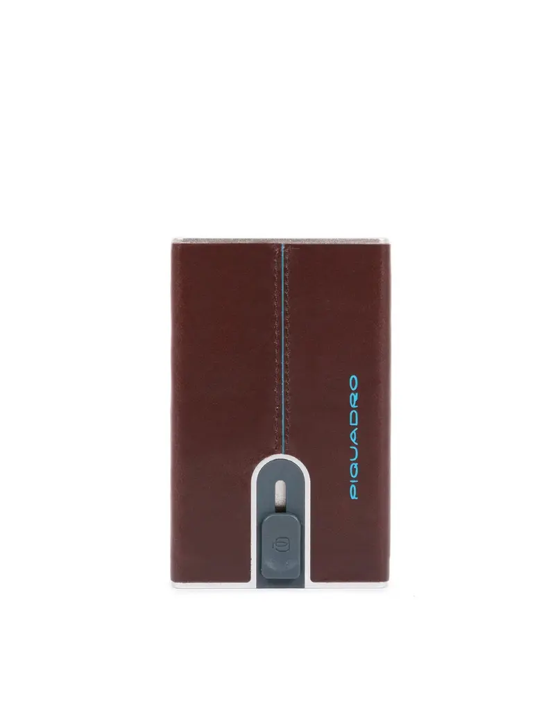 Piquadro, Blue Square, Leather Card Holder, Square Sliding System with Money Clip, PP5358B2R, Mahogany, For Men