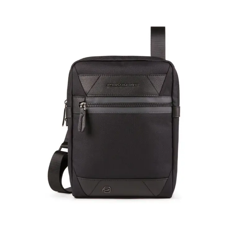 Piquadro, Trakai, Leather & Fabric, Small, Textile Crossbody Bag, Black, 27 x 21 x 5 cm, For Men