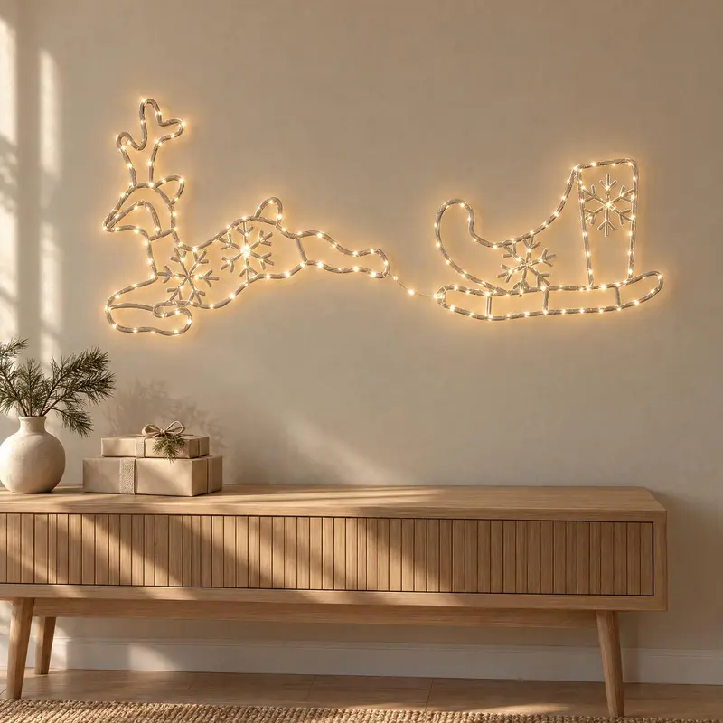 Renifer z saniami, dekoracja świetlna 180 LED, 130 x 51 cm