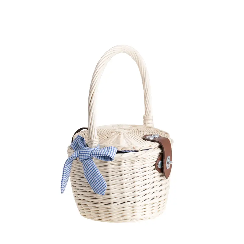 Rivora wicker beach and shopping bag with blue trim, featuring a lid and handle TheWickerStories