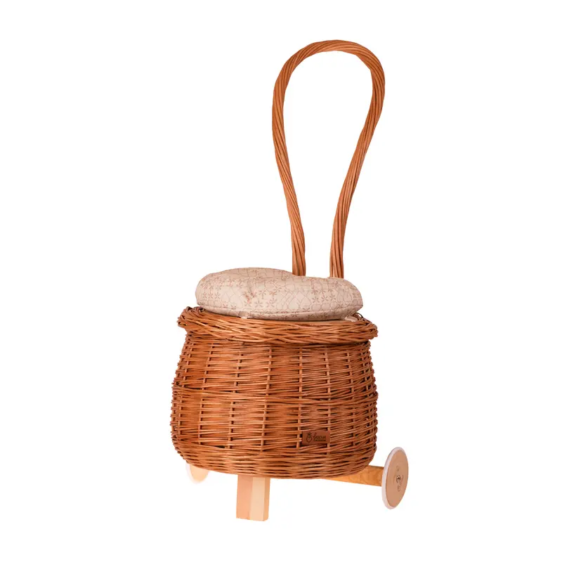 Salix wicker storage pouf with beige trim, cushion and caster wheels TheWickerStories