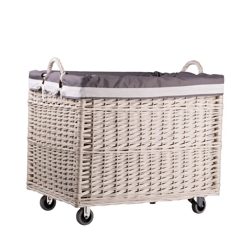 Salux wicker basket with grey lining and wheels TheWickerStories