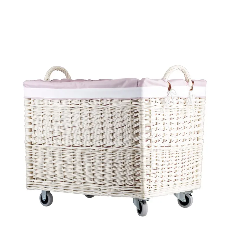Salux wicker laundry basket with pink trim, on wheels, with handles TheWickerStories