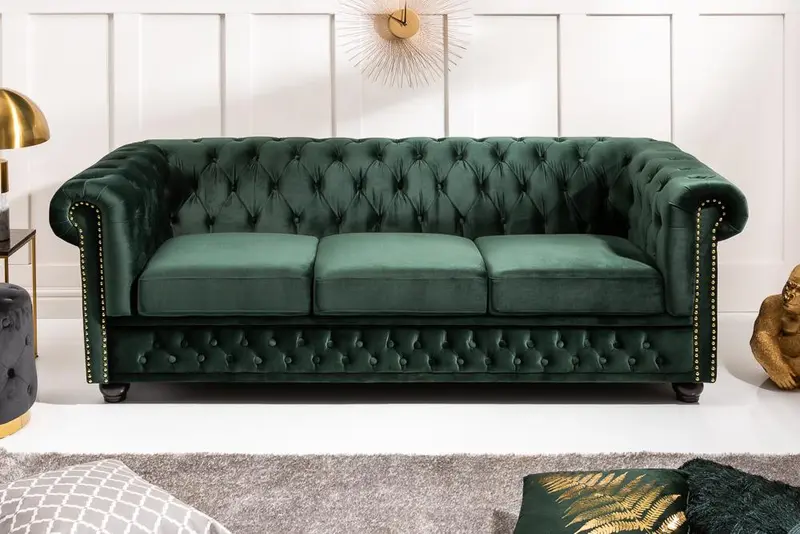 Sofa Chesterfield 3 osobowa aksamit zielony / 40483 / INVICTA INTERIOR