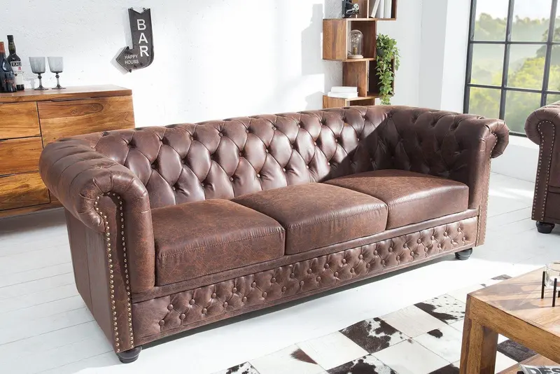 Sofa Chesterfield 3 skóra brąz vintage / 37202 / INVICTA INTERIOR