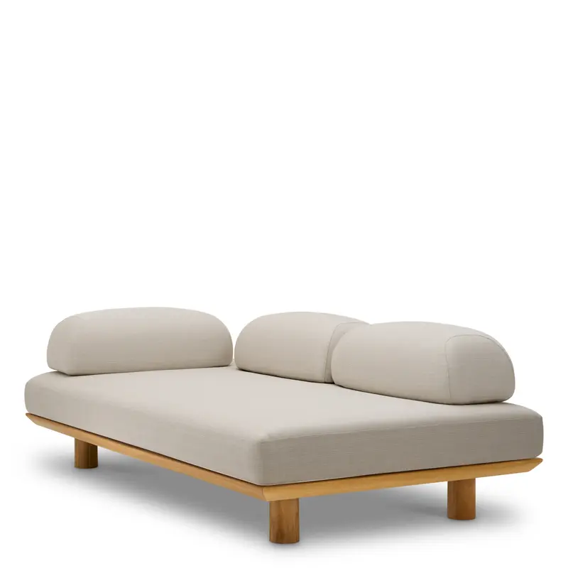 Sofa ogrodowa Nomade, naturalne drewno tekowe, tkanina Lucio piaskowa