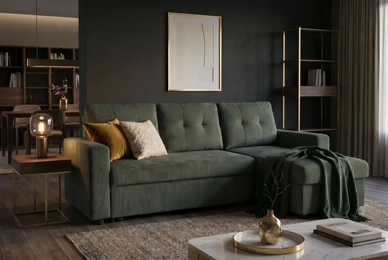 SOFA ROZKŁADANA APARTMENT 3 OSOBOWA 202 CM CIEMNOZIELONA Z FUNKCJĄ SPANIA /48124/ INVICTA INTERIOR