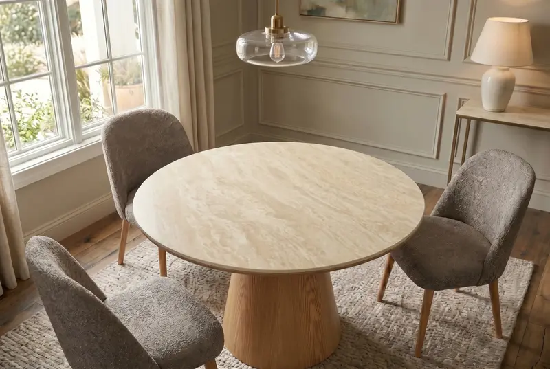 STÓŁ 120 CM OKRĄGŁY UNIQUE BLAT CERAMIKA TAWERTYN / 48523 / INVICTA INTERIOR
