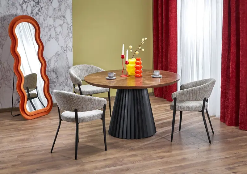 STÓŁ OKRĄGŁY DO SALONU 130 CM BLAT OPTYKA ORZECH MDF / HAL